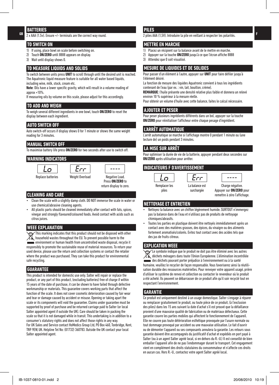 Batteries, Auto switch off, Manual switch off | Warning indicators, Cleaning and care, Weee explanation, Guarantee, Piles, Mettre en marche, Mesure de liquides et de solides | Salter 1037 SSDR Electronic Scale User Manual | Page 2 / 12