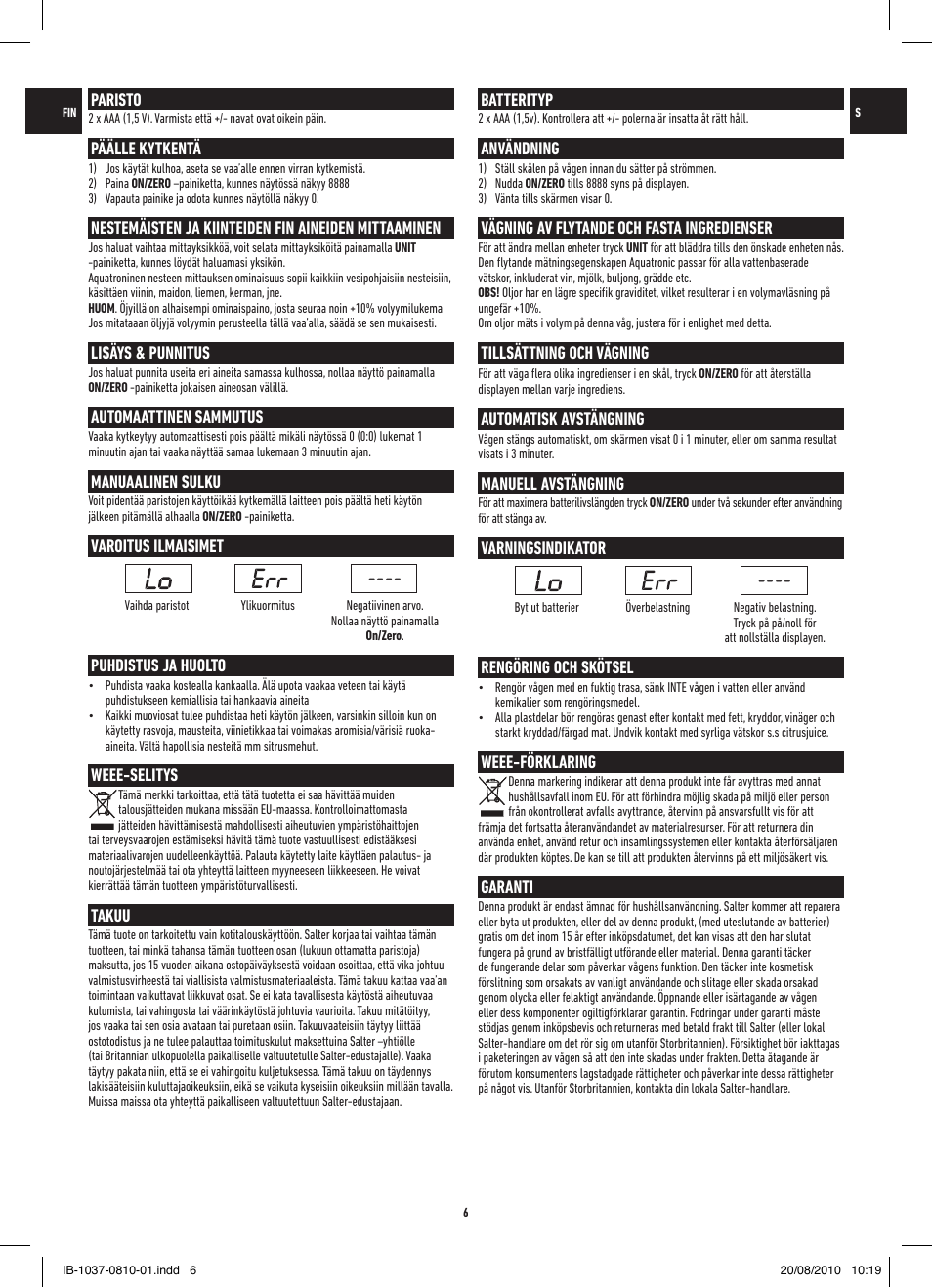 Paristo, Päälle kytkentä, Lisäys & punnitus | Automaattinen sammutus, Manuaalinen sulku, Varoitus ilmaisimet, Puhdistus ja huolto, Weee-selitys, Takuu, Batterityp | Salter 1037 SSDR Electronic Scale User Manual | Page 6 / 12