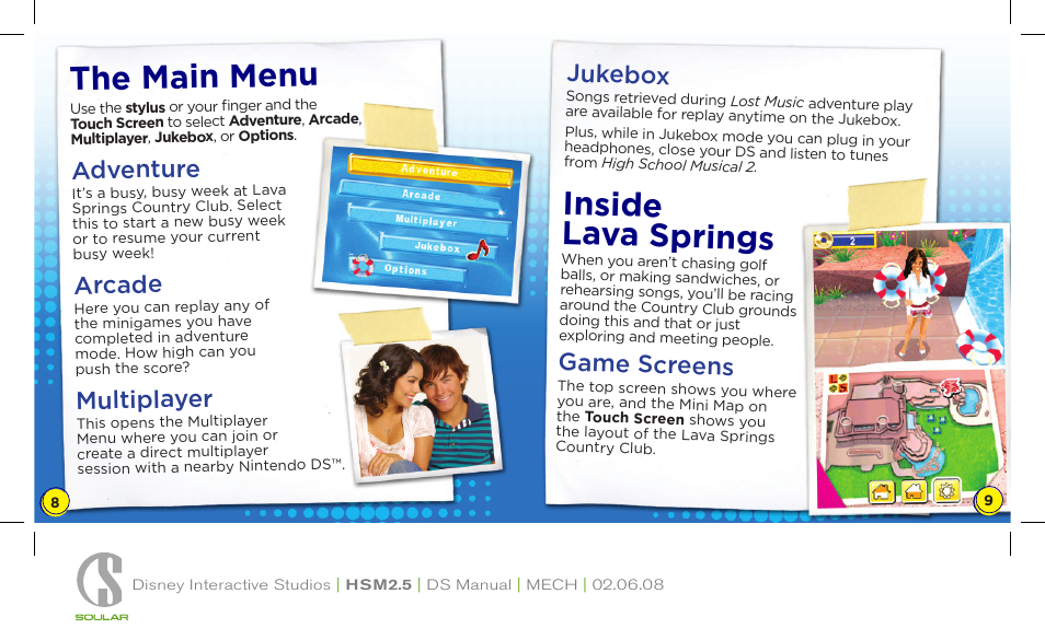 Inside lava springs, The main menu, Jukebox | Game screens, Adventure, Arcade, Multiplayer | Disney Interactive Studios NTR-YI3E-USA User Manual | Page 6 / 10