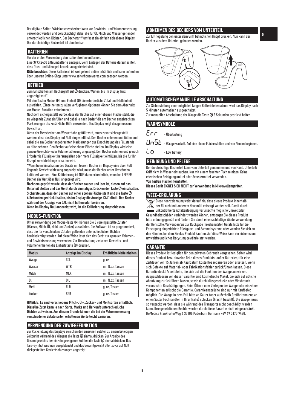 Unst | Salter 1048 HBBKDR Heston Blumenthal Precision Digital Measuring Jug User Manual | Page 5 / 20