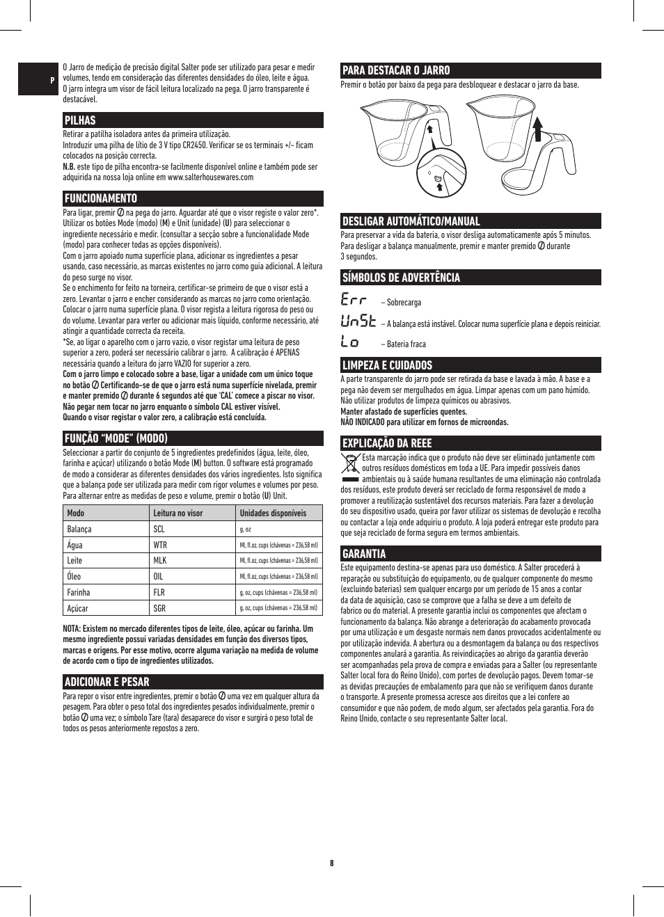 Unst, Pilhas, Funcionamento | Função “mode” (modo), Adicionar e pesar, Para destacar o jarro, Desligar automático/manual, Símbolos de advertência, Unst cleaning & care limpeza e cuidados, Explicação da reee | Salter 1048 HBBKDR Heston Blumenthal Precision Digital Measuring Jug User Manual | Page 8 / 20