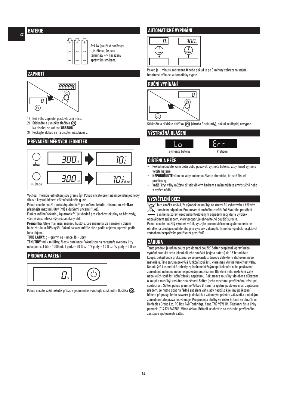 Baterie, Zapnutí, Přidání a vážení | Automatické vypínání, Ruční vypínání, Výstražná hlášení, Ečištění a péče, Vysvětlení oeez, Záruka | Salter 1047 HBBKDR Heston Blumenthal Precision Orb Electronic Scale User Manual | Page 14 / 20