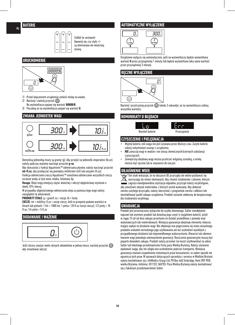 Baterie, Uruchomienie, Zmiana jednostek wagi | Dodawanie i ważenie, Automatyczne wyłączenie, Ręczne wyłączenie, Komunikaty o błędach, Eczyszczenie i pielęgnacja, Objaśnienie weee, Gwarancja | Salter 1047 HBBKDR Heston Blumenthal Precision Orb Electronic Scale User Manual | Page 18 / 20