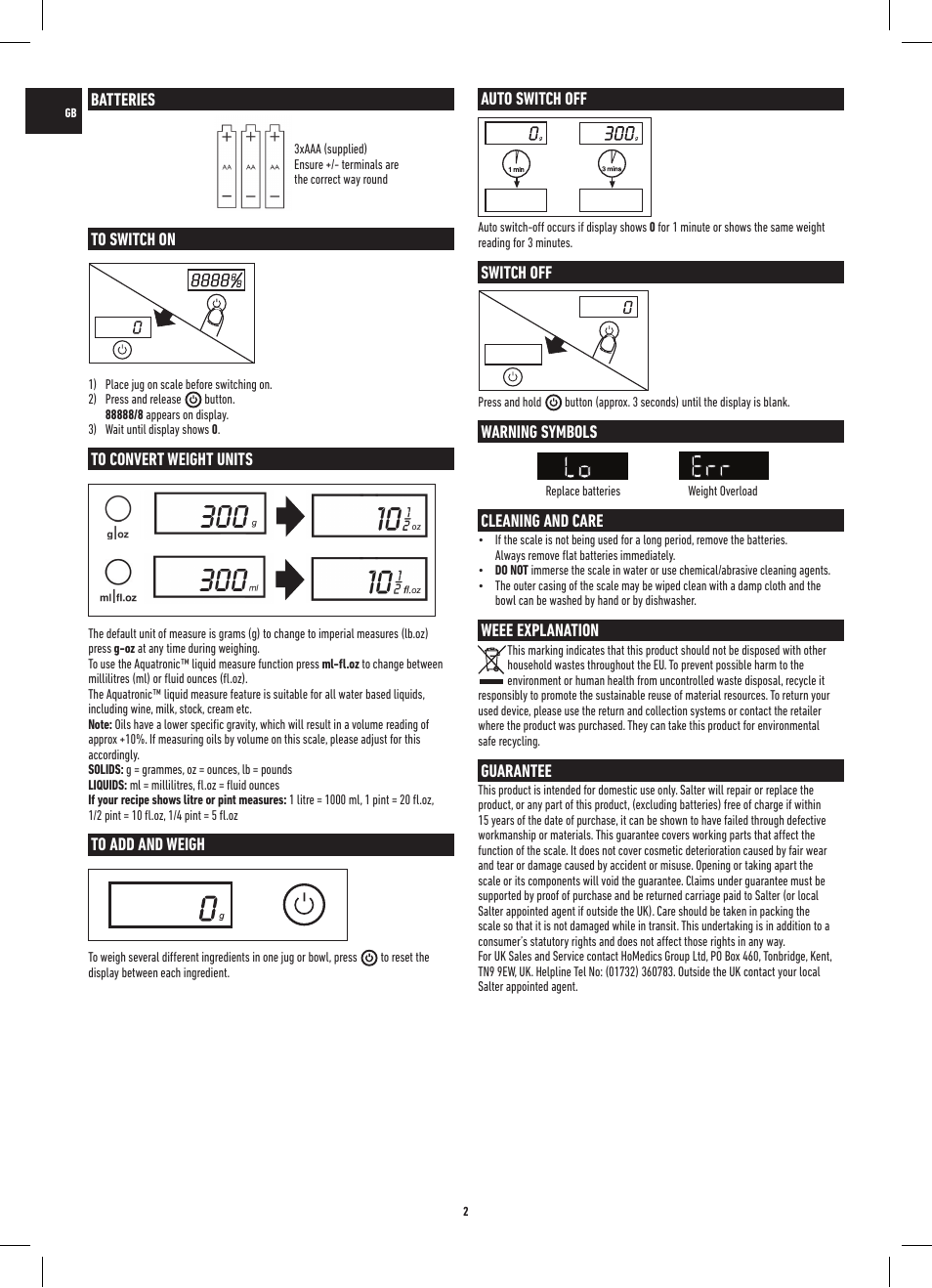 Batteries, Auto switch off, Switch off | Warning symbols, Ecleaning and care, Weee explanation, Guarantee | Salter 1047 HBBKDR Heston Blumenthal Precision Orb Electronic Scale User Manual | Page 2 / 20