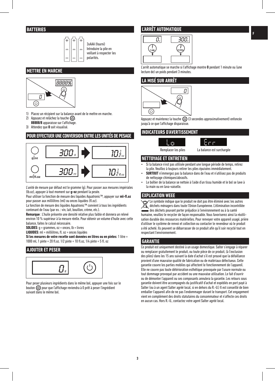 Batteries, Mettre en marche, Ajouter et peser | L’arrêt automatique, La misé sur arrêt, Indicateurs d’avertissement, Uncle nettoyage et entretien, Explication weee, Garantie | Salter 1047 HBBKDR Heston Blumenthal Precision Orb Electronic Scale User Manual | Page 3 / 20