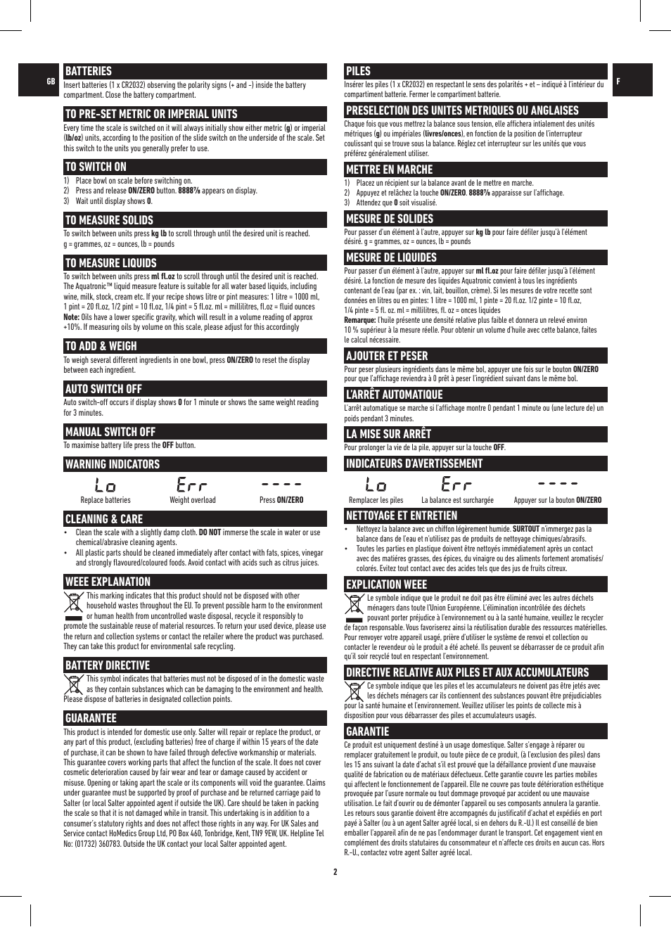 Lo err, Batteries, Auto switch off | Manual switch off, Warning indicators, Cleaning & care, Weee explanation, Battery directive, Guarantee, Piles | Salter 3003 SSSVDR08 Aquatronic Glass Electronic Kitchen Scale User Manual | Page 2 / 12