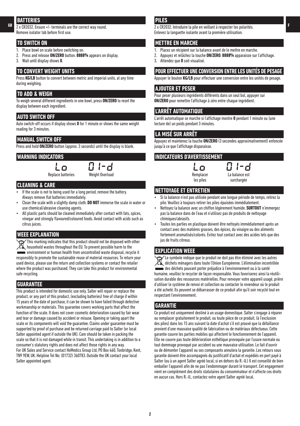 Lo 0i-d, Batteries, Auto switch off | Manual switch off, Warning indicators, Cleaning & care, Weee explanation, Guarantee, Piles, Mettre en marche | Salter 1004 SSDR Stainless Steel Electronic Kitchen Scale User Manual | Page 2 / 12