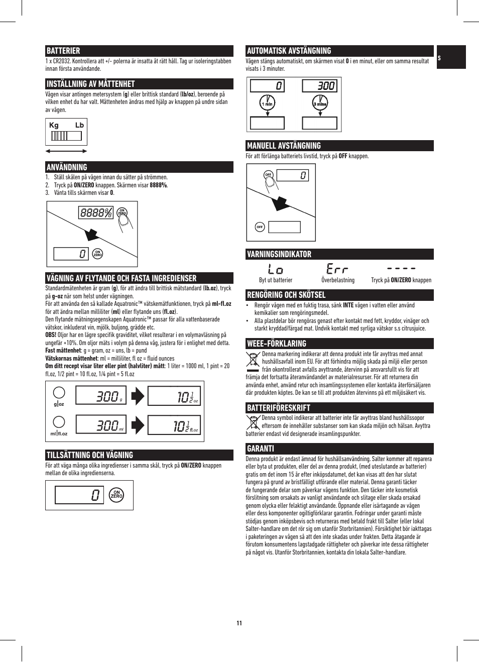 Lo err | Salter 3013 SSSVDR Aquatronic Stainless Steel Electronic Kitchen Scale User Manual | Page 11 / 20