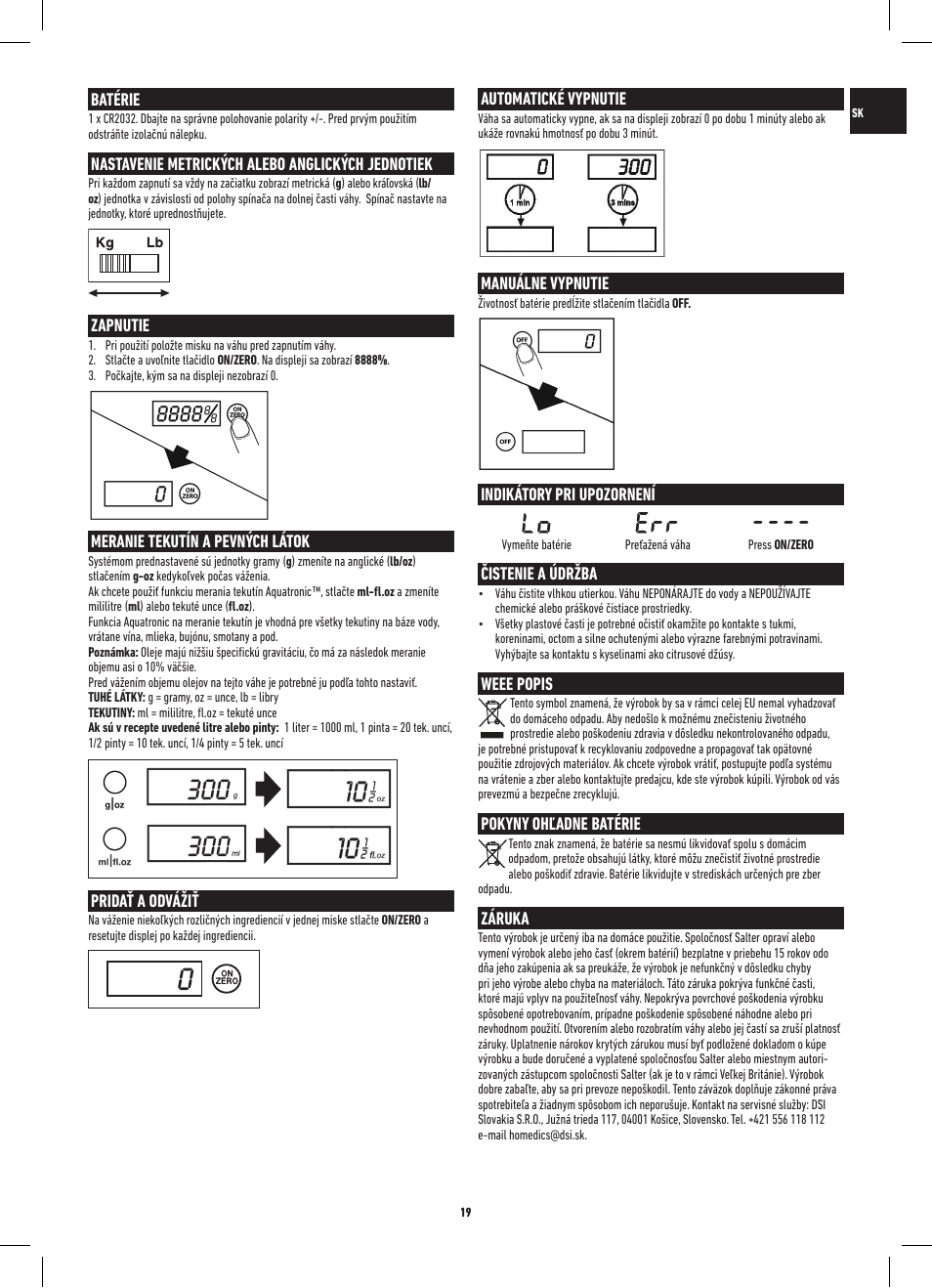 Lo err | Salter 3013 SSSVDR Aquatronic Stainless Steel Electronic Kitchen Scale User Manual | Page 19 / 20