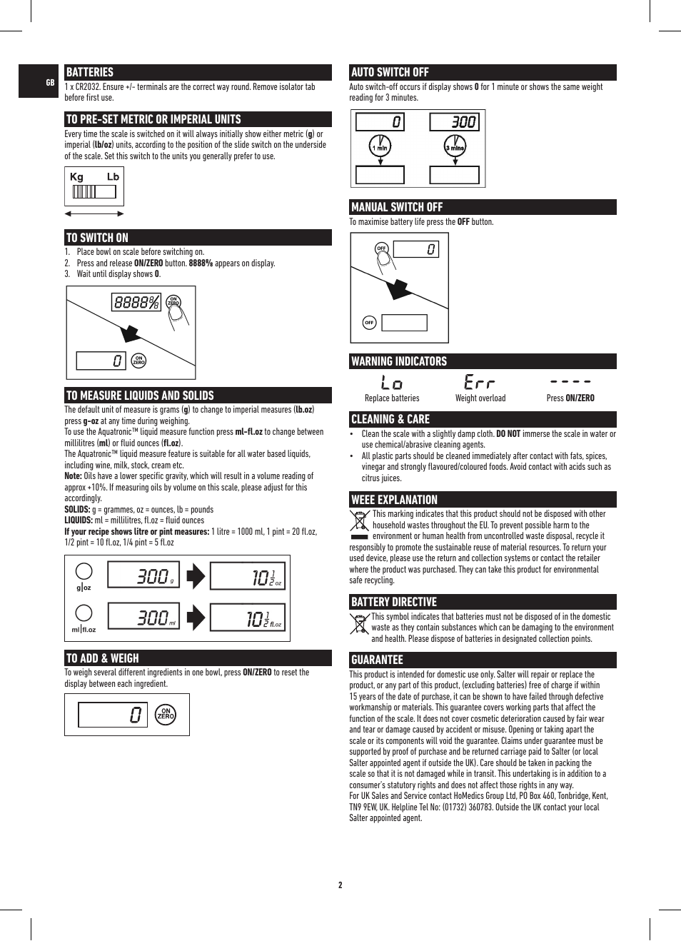 Lo err | Salter 3013 SSSVDR Aquatronic Stainless Steel Electronic Kitchen Scale User Manual | Page 2 / 20