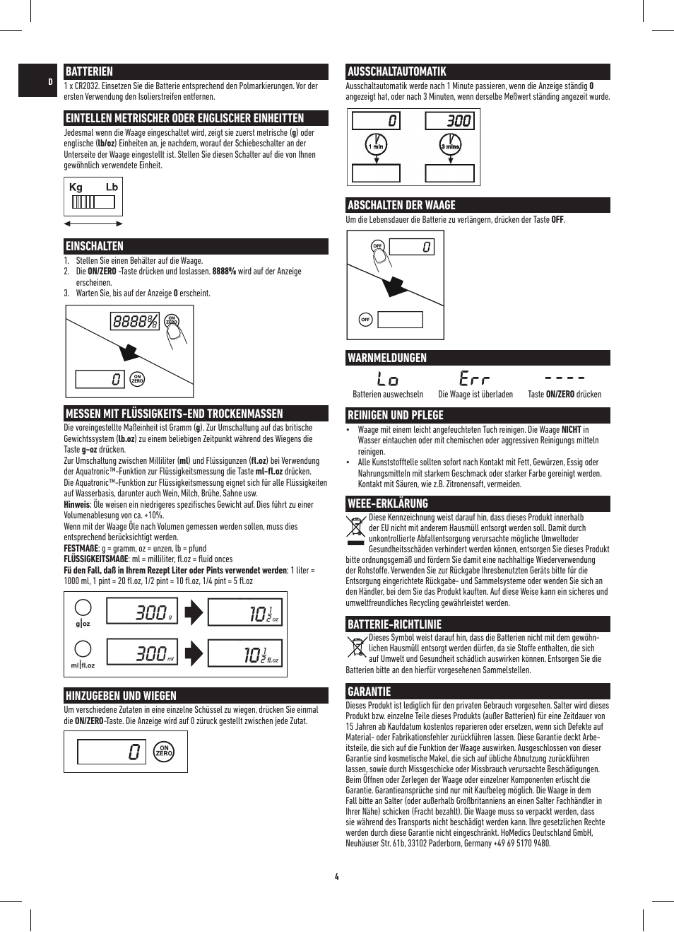 Lo err | Salter 3013 SSSVDR Aquatronic Stainless Steel Electronic Kitchen Scale User Manual | Page 4 / 20