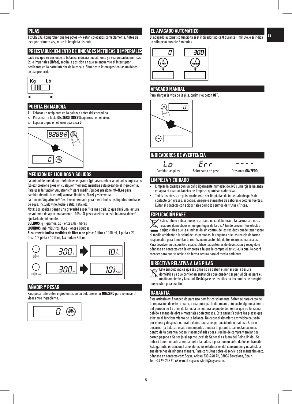 Lo err | Salter 3013 SSSVDR Aquatronic Stainless Steel Electronic Kitchen Scale User Manual | Page 5 / 20