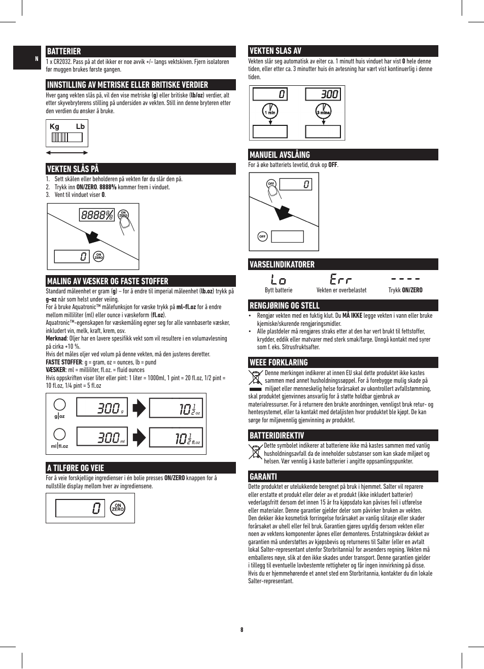 Lo err | Salter 3013 SSSVDR Aquatronic Stainless Steel Electronic Kitchen Scale User Manual | Page 8 / 20