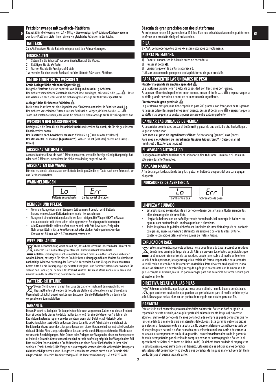 Salter 1049 HBBKDR Heston Blumenthal Dual Platform Precision Scale User Manual | Page 3 / 12