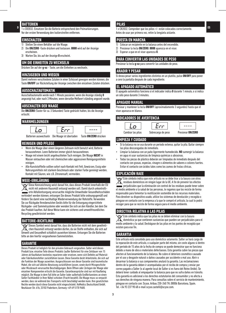 Pilas, Puesta en marcha, Para convertir las unidades de peso | Añadir y pesar, El apagado automático, Apagado manual, Indicadores de avertencia, Limpieza y cuidado, Explicación raee, Directiva relativa a las pilas | Salter 1066 BKDR08 ARC Electronic Kitchen Scale User Manual | Page 3 / 12