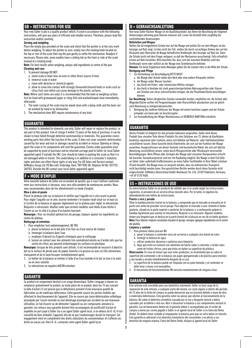 Gb > instructions for use, Guarantee, F > mode d’emploi | Garantie, D > gebrauchsanleitung, Guarantie, Es > instrucciones de uso, Garantia | Salter 810 WHWHDR Add & Weigh Mechanical Baking Scale User Manual | Page 2 / 8