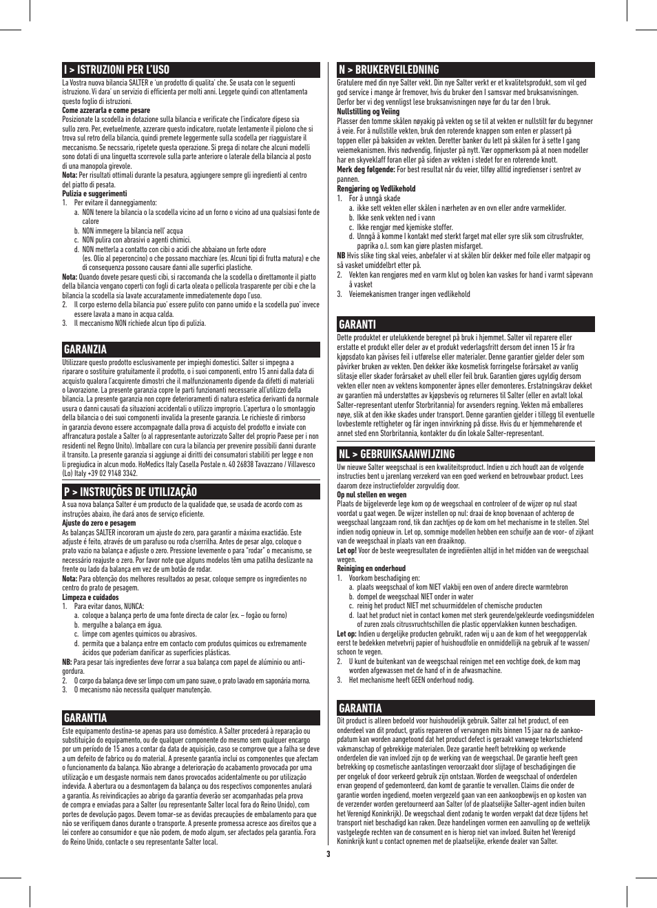 I > istruzioni per l’uso, Garanzia, P > instruções de utilização | Garantia, N > brukerveiledning, Garanti, Nl > gebruiksaanwijzing | Salter 810 WHWHDR Add & Weigh Mechanical Baking Scale User Manual | Page 3 / 8