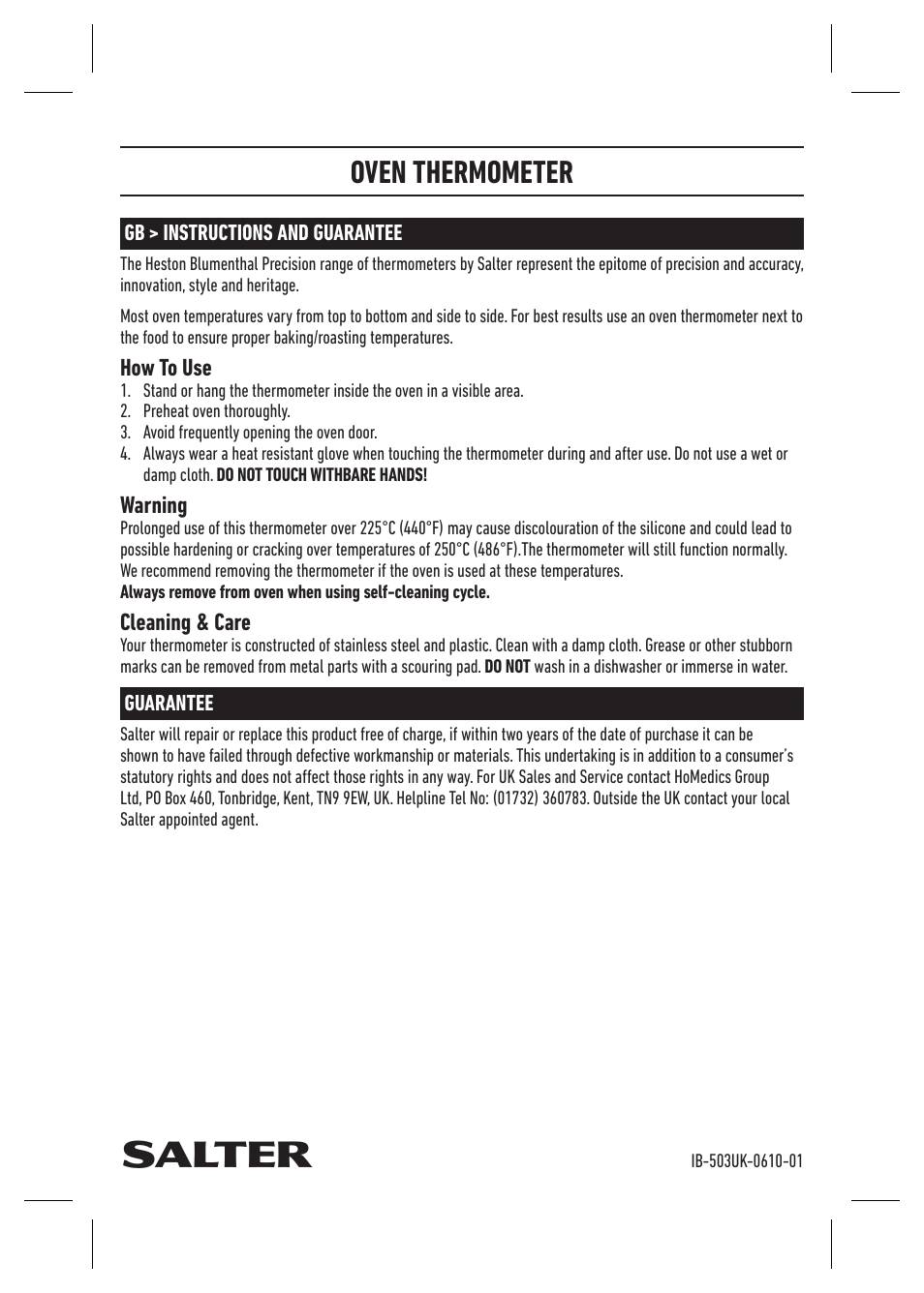 Salter 503 XXXX Heston Blumenthal Precision Oven Thermometer User Manual | 1 page