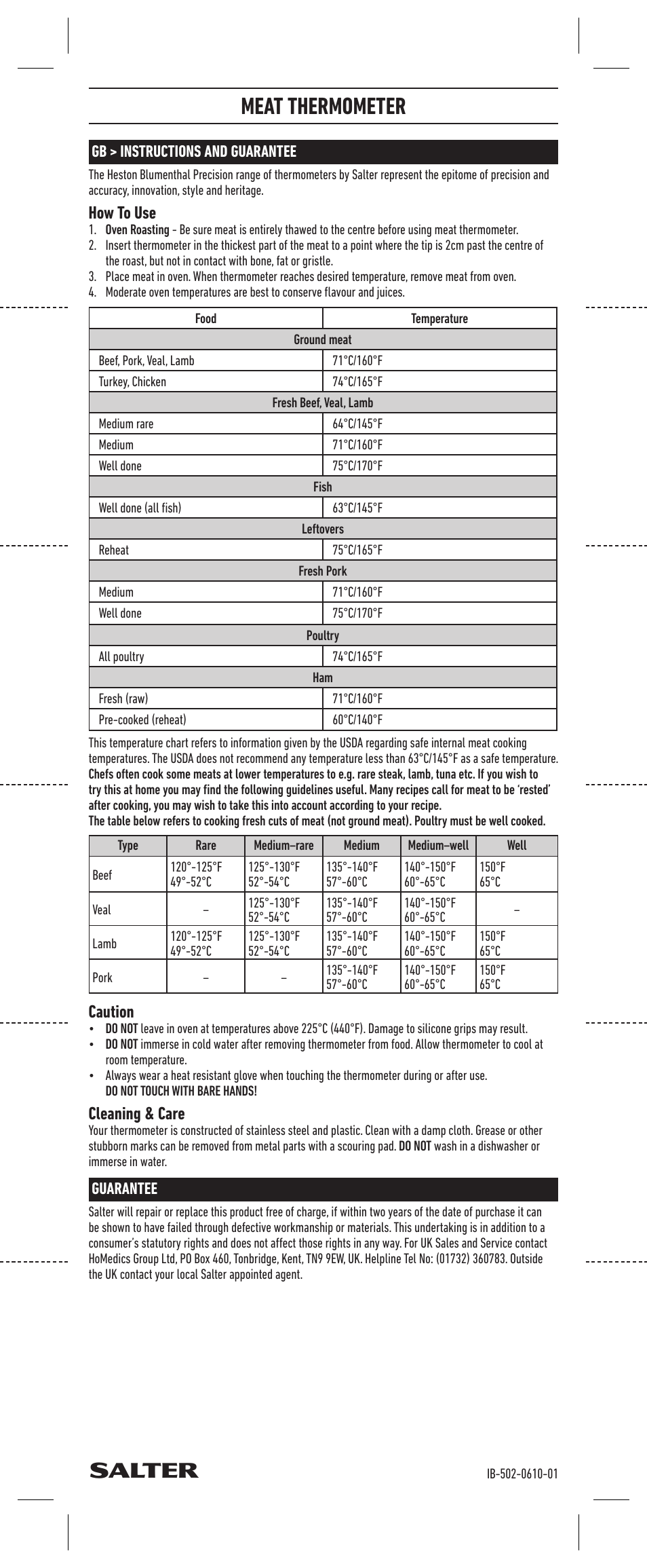 Salter 502 XXXX Heston Blumenthal Precision Meat Thermometer User Manual | 1 page