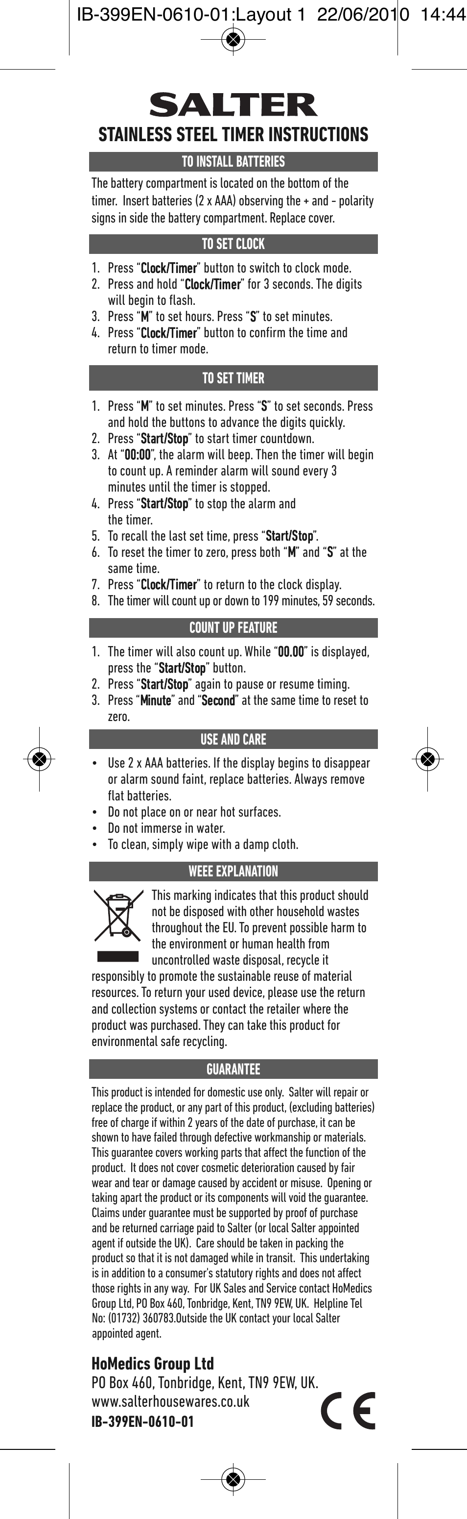 Salter 399 HBSSXR Heston Blumenthal Precision Stainless Steel Timer User Manual | 1 page
