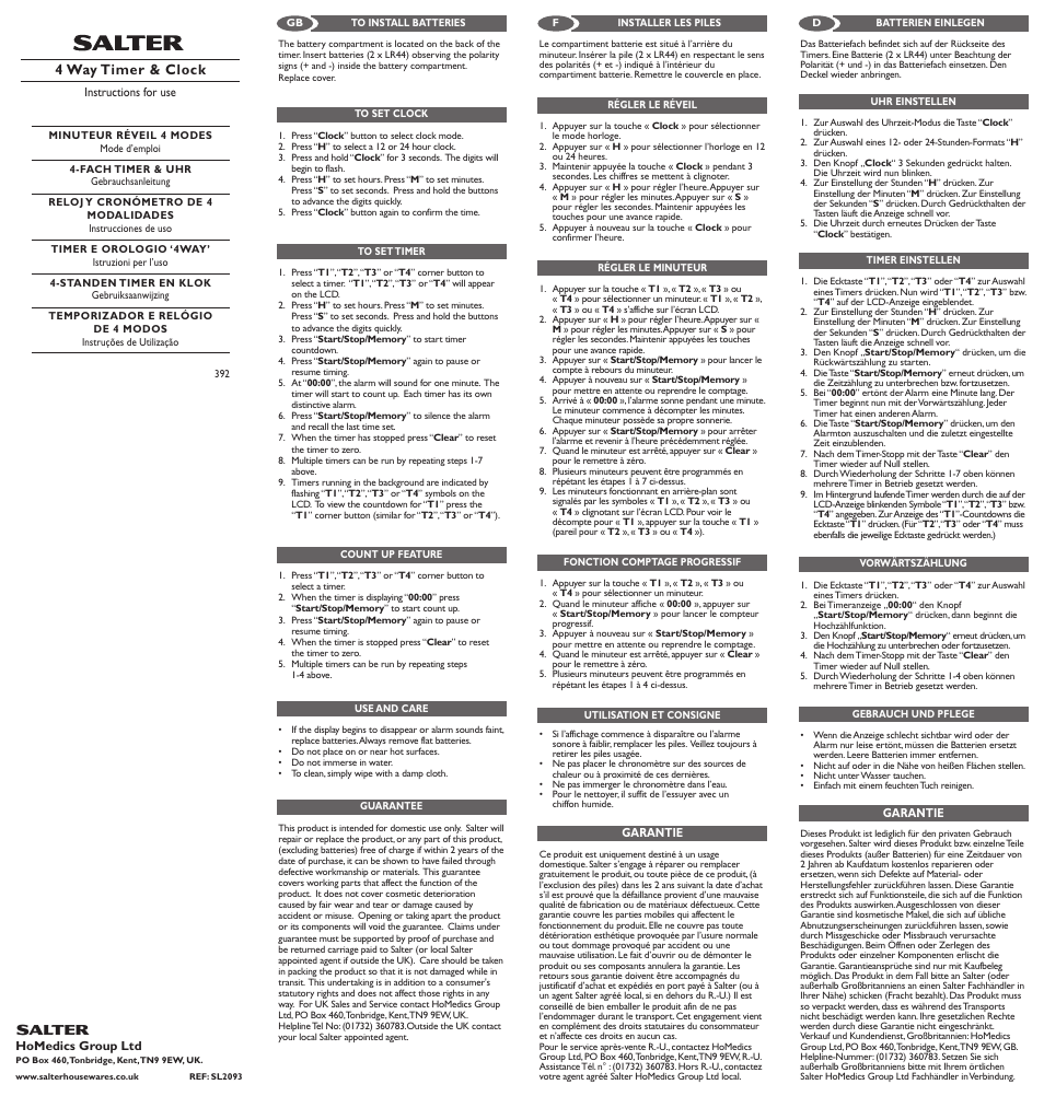 Salter 392 WHXR 4 Way Timer User Manual | 2 pages