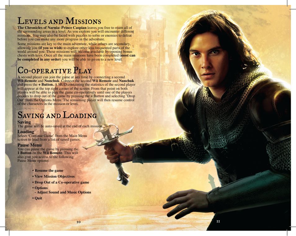 Levels and missions, Co-operative play, Saving and loading | Disney Interactive Studios The Chronicles of Narnia: Prince Caspian User Manual | Page 7 / 7