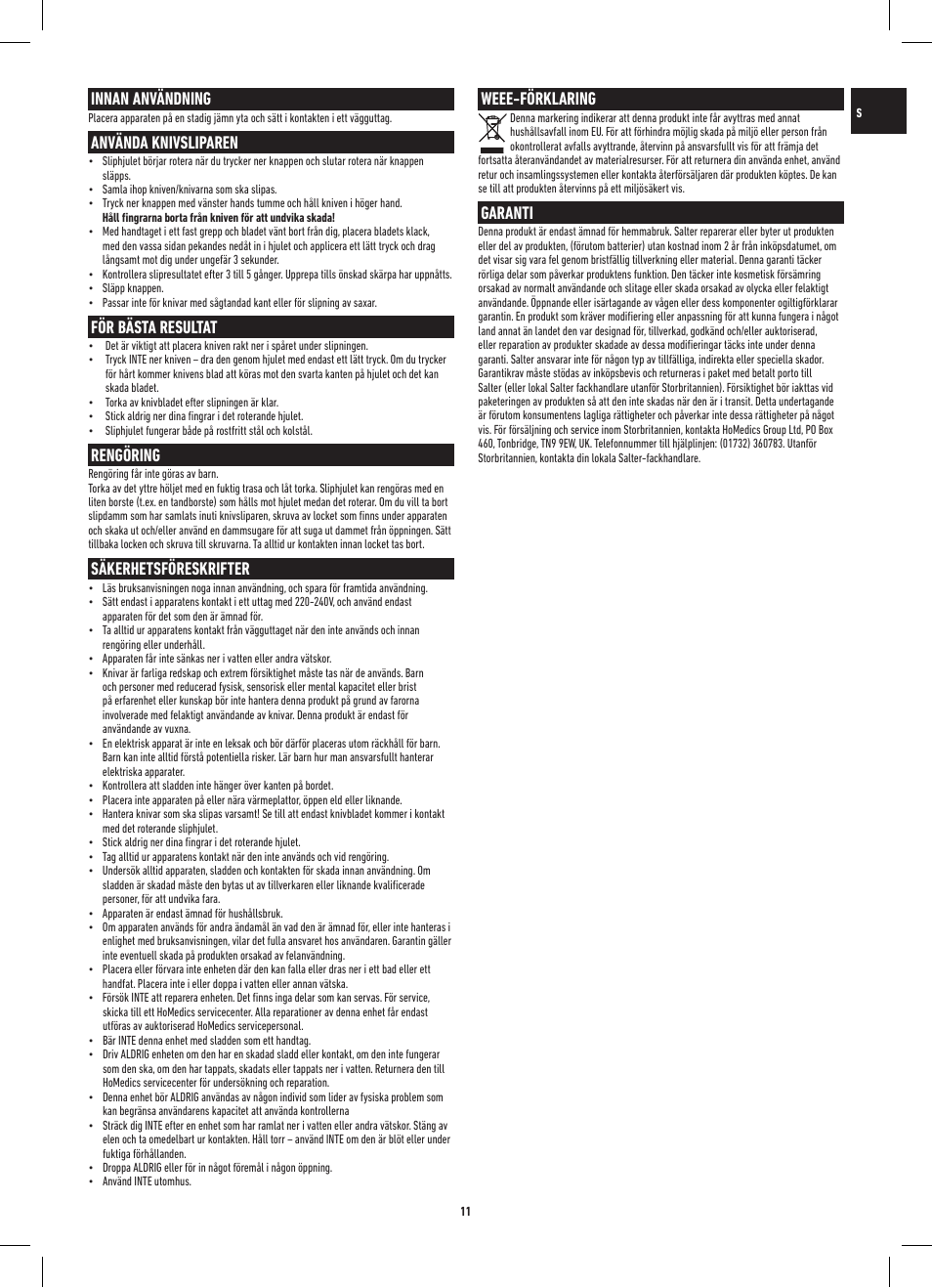Innan användning, Använda knivsliparen, För bästa resultat | Rengöring, Säkerhetsföreskrifter, Weee-förklaring, Garanti | Salter 718A SSXR ProSharp Electric Knife Sharpener User Manual | Page 11 / 20