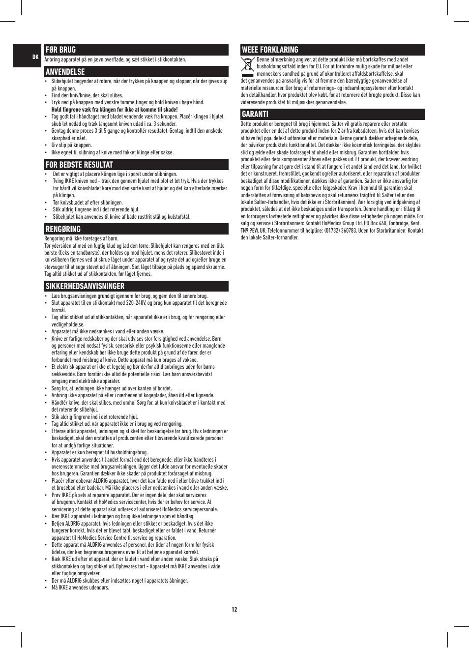 Før brug, Anvendelse, For bedste resultat | Rengøring, Sikkerhedsanvisninger, Weee forklaring, Garanti | Salter 718A SSXR ProSharp Electric Knife Sharpener User Manual | Page 12 / 20