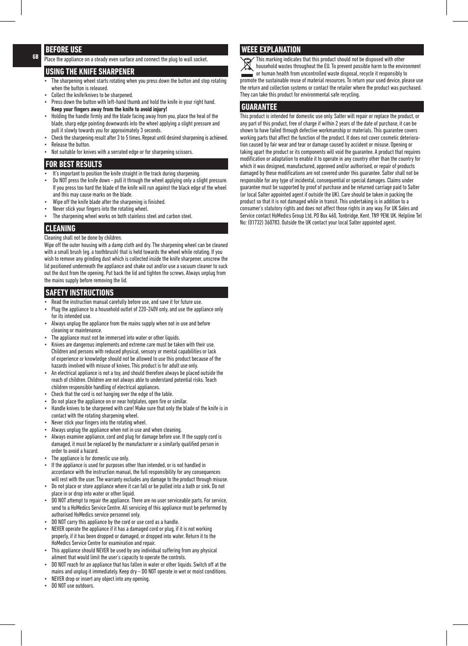 Before use, Using the knife sharpener, For best results | Cleaning, Safety instructions, Weee explanation, Guarantee | Salter 718A SSXR ProSharp Electric Knife Sharpener User Manual | Page 2 / 20
