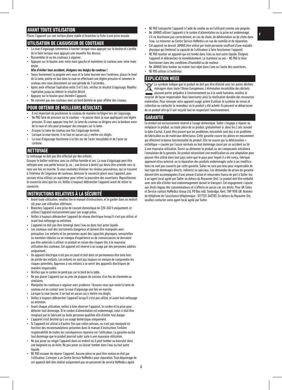 Avant toute utilisation, Utilisation de l’aiguiseur de couteaux, Pour obtenir de meilleurs résultats | Nettoyage, Instructions relatives à la sécurité, Explication weee, Garantie | Salter 718A SSXR ProSharp Electric Knife Sharpener User Manual | Page 3 / 20