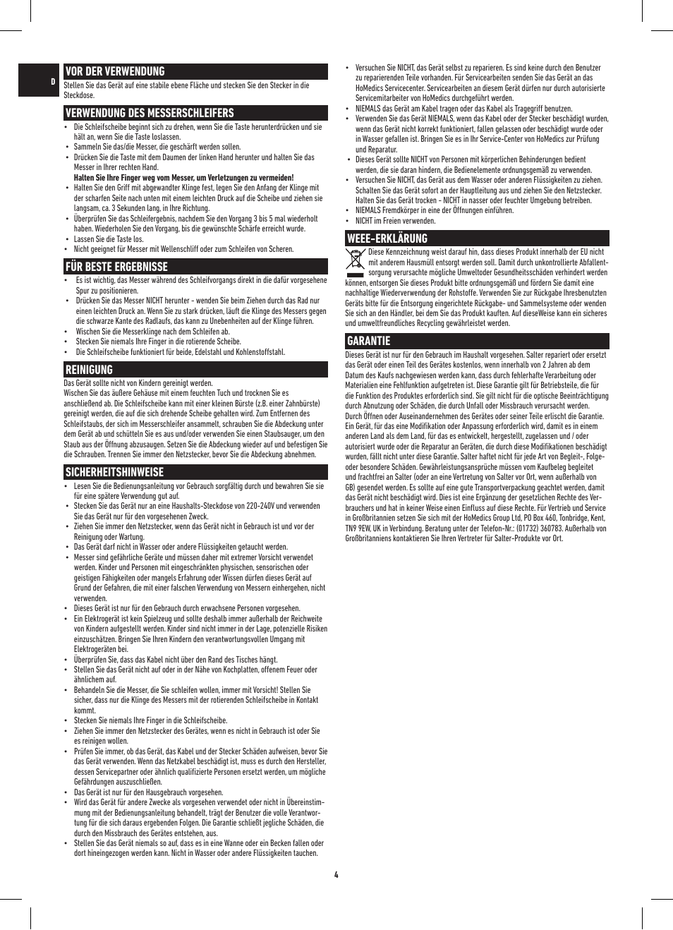 Vor der verwendung, Verwendung des messerschleifers, Für beste ergebnisse | Reinigung, Sicherheitshinweise, Weee-erklärung, Garantie | Salter 718A SSXR ProSharp Electric Knife Sharpener User Manual | Page 4 / 20