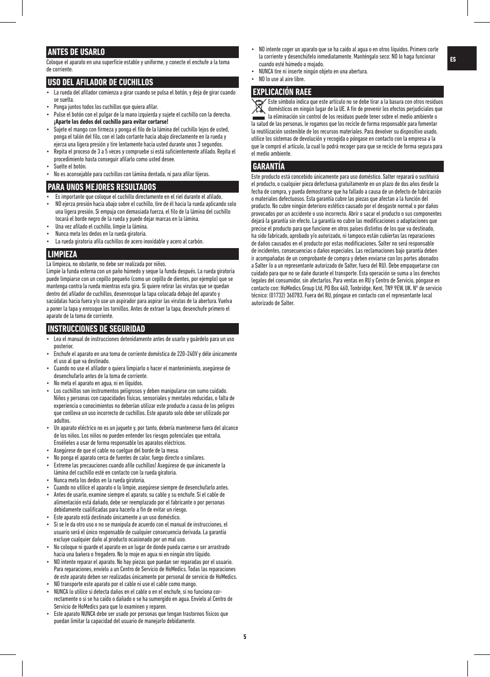 Antes de usarlo, Uso del afilador de cuchillos, Para unos mejores resultados | Limpieza, Instrucciones de seguridad, Explicación raee, Garantía | Salter 718A SSXR ProSharp Electric Knife Sharpener User Manual | Page 5 / 20