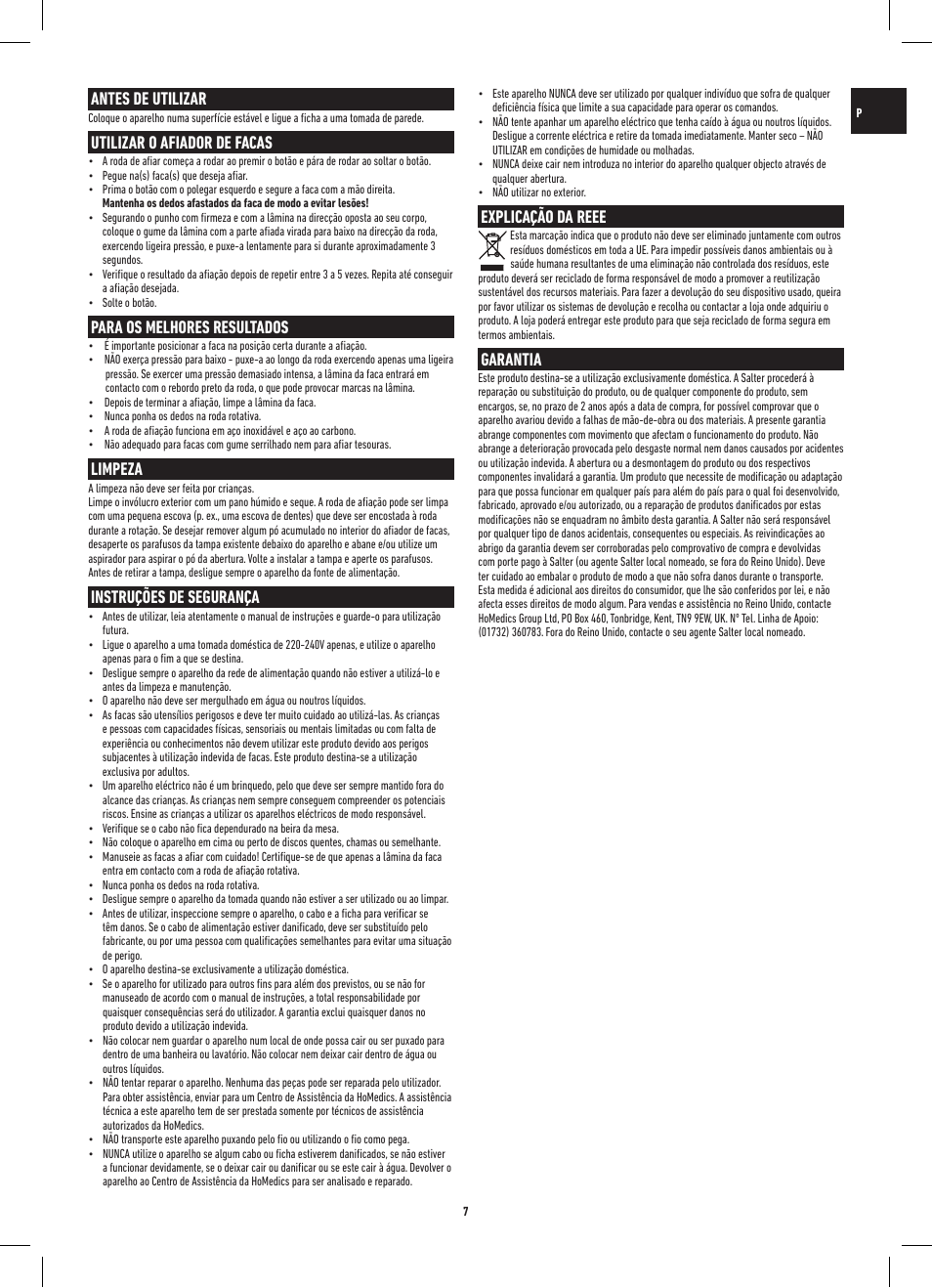 Antes de utilizar, Utilizar o afiador de facas, Para os melhores resultados | Limpeza, Instruções de segurança, Explicação da reee, Garantia | Salter 718A SSXR ProSharp Electric Knife Sharpener User Manual | Page 7 / 20