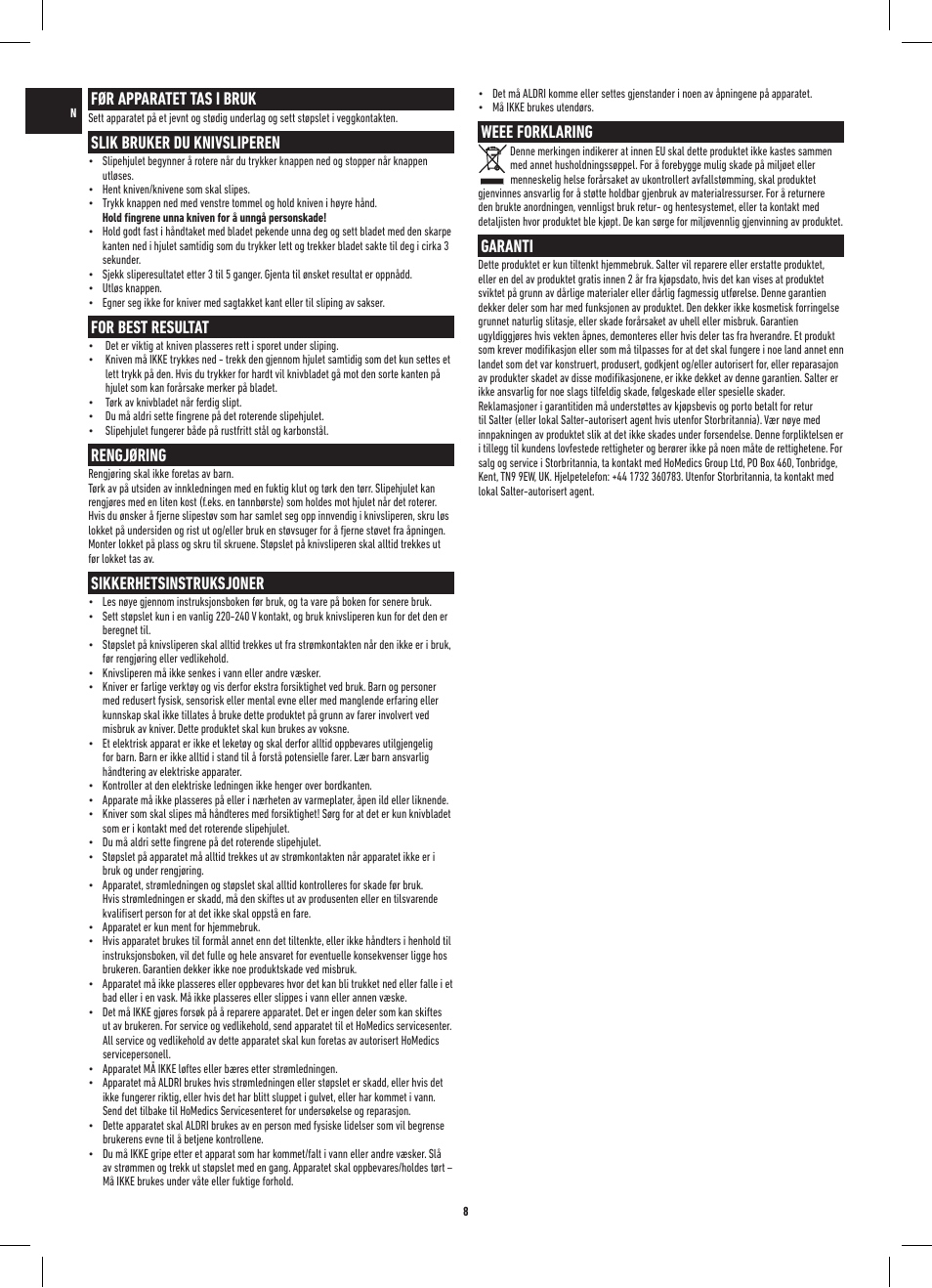 Før apparatet tas i bruk, Slik bruker du knivsliperen, For best resultat | Rengjøring, Sikkerhetsinstruksjoner, Weee forklaring, Garanti | Salter 718A SSXR ProSharp Electric Knife Sharpener User Manual | Page 8 / 20