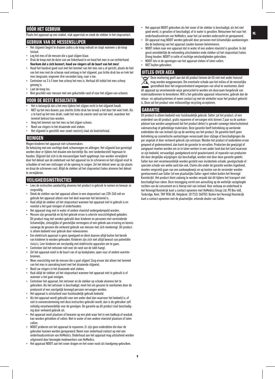 Vóór het gebruik, Gebruik van de messenslijper, Voor de beste resultaten | Reinigen, Veiligheidsinstructies, Uitleg over aeea, Garantie | Salter 718A SSXR ProSharp Electric Knife Sharpener User Manual | Page 9 / 20
