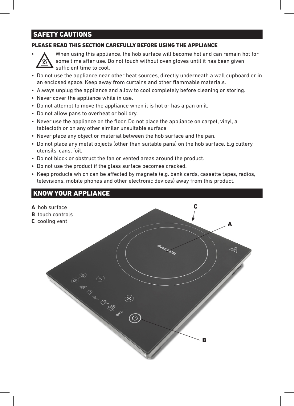 Salter SDA-IH102BK Induction Hob User Manual | Page 3 / 8