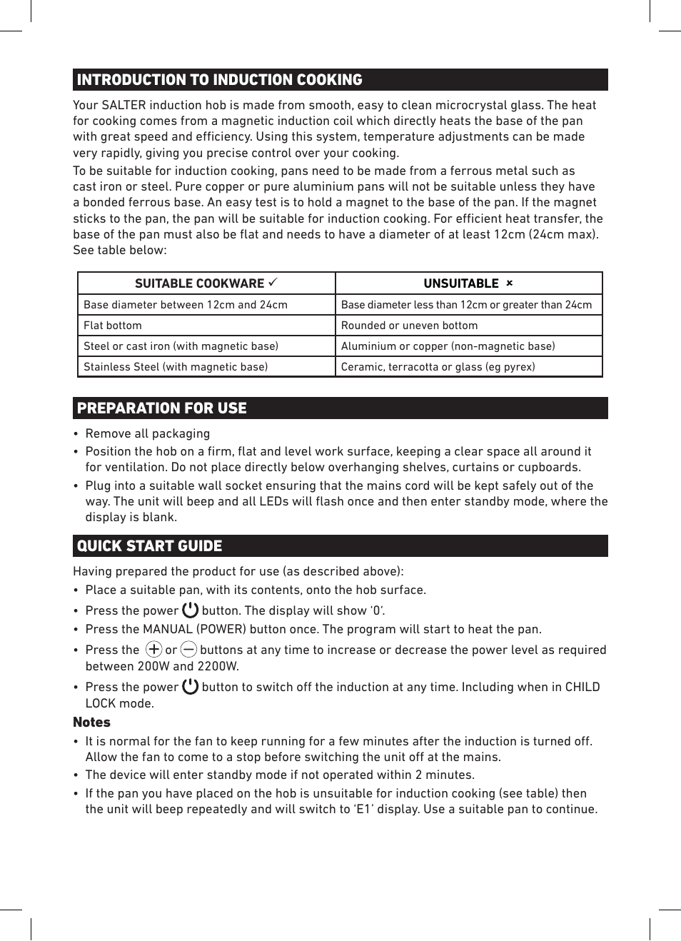 Introduction to induction cooking, Preparation for use, Quick start guide | Salter SDA-IH102BK Induction Hob User Manual | Page 4 / 8