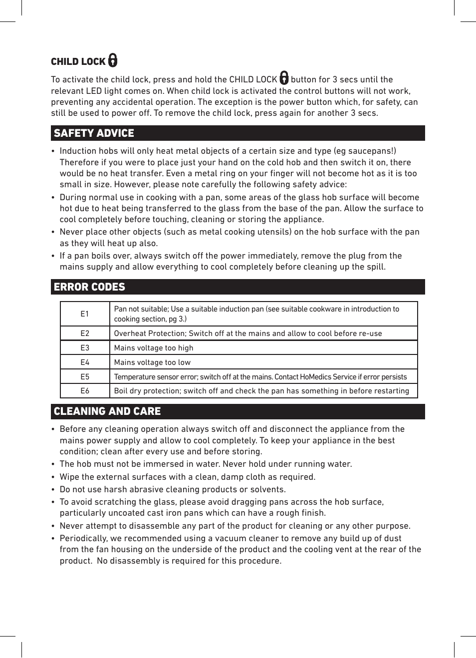 Safety advice, Error codes, Cleaning and care | Salter SDA-IH102BK Induction Hob User Manual | Page 6 / 8