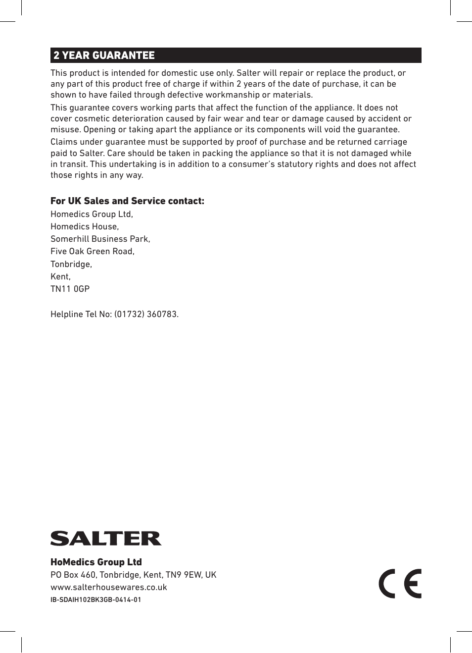 2 year guarantee | Salter SDA-IH102BK Induction Hob User Manual | Page 8 / 8