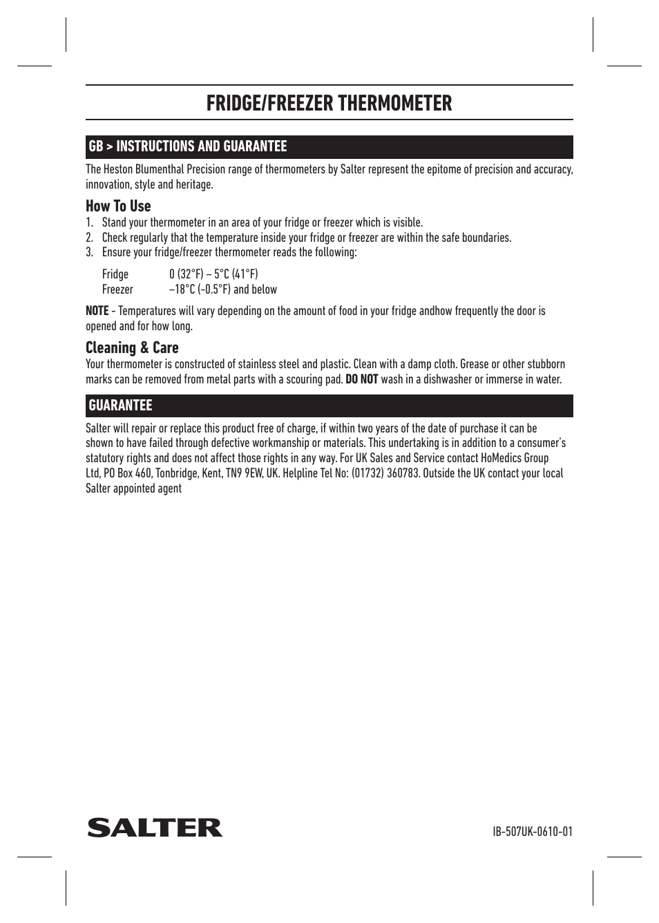 Salter 507 XXXX Heston Blumenthal Precision Fridge Thermometer User Manual | 1 page