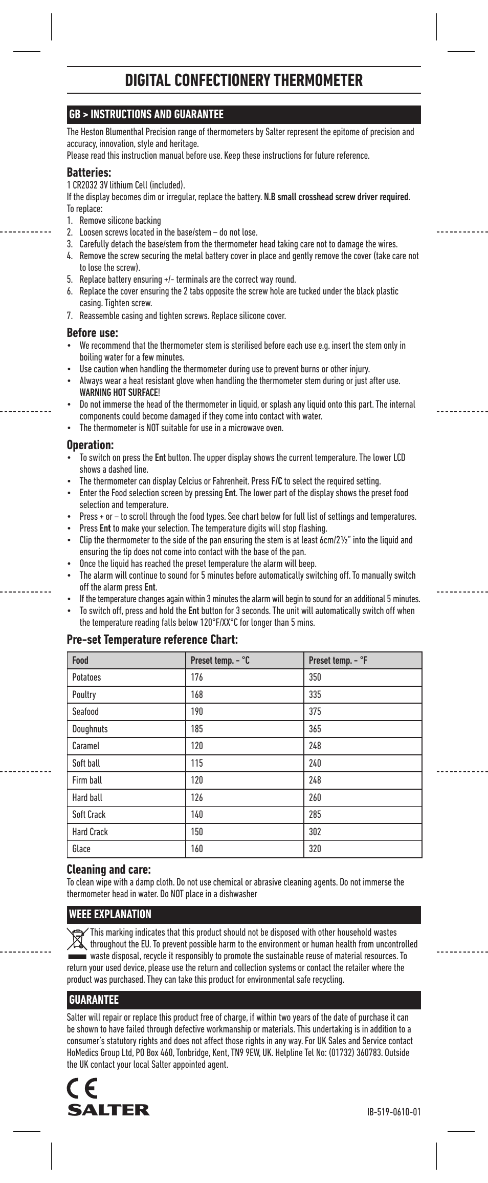 Salter 519 HBSSCR Heston Blumenthal Precision Confectionery Thermometer User Manual | 1 page