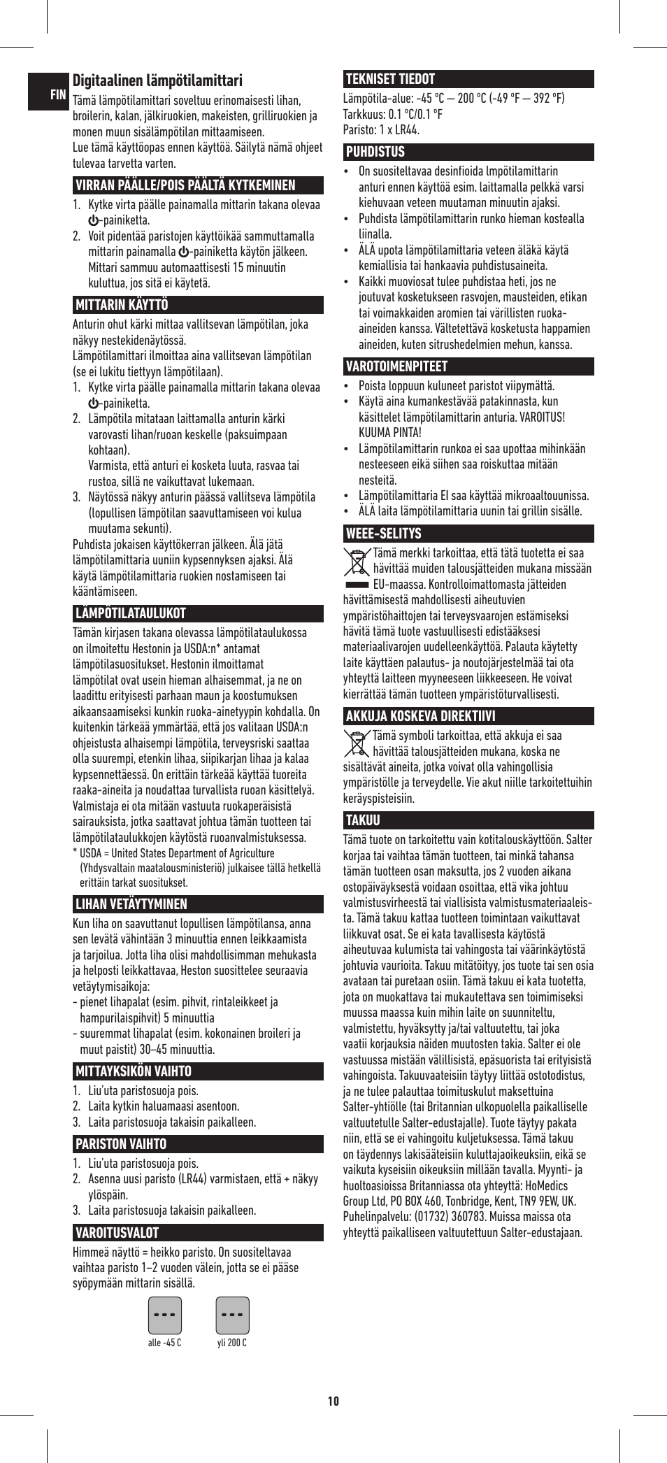 Digitaalinen lämpötilamittari | Salter 544 HBSSCR Heston Blumenthal Precision Instant Read Digital Thermometer User Manual | Page 10 / 20