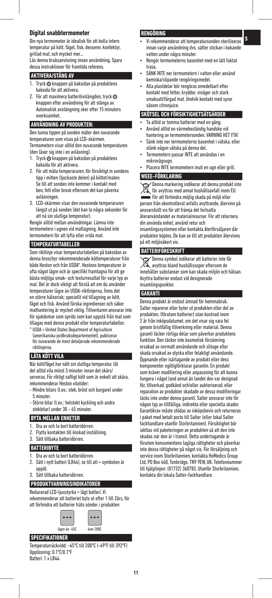 Digital snabbtermometer | Salter 544 HBSSCR Heston Blumenthal Precision Instant Read Digital Thermometer User Manual | Page 11 / 20