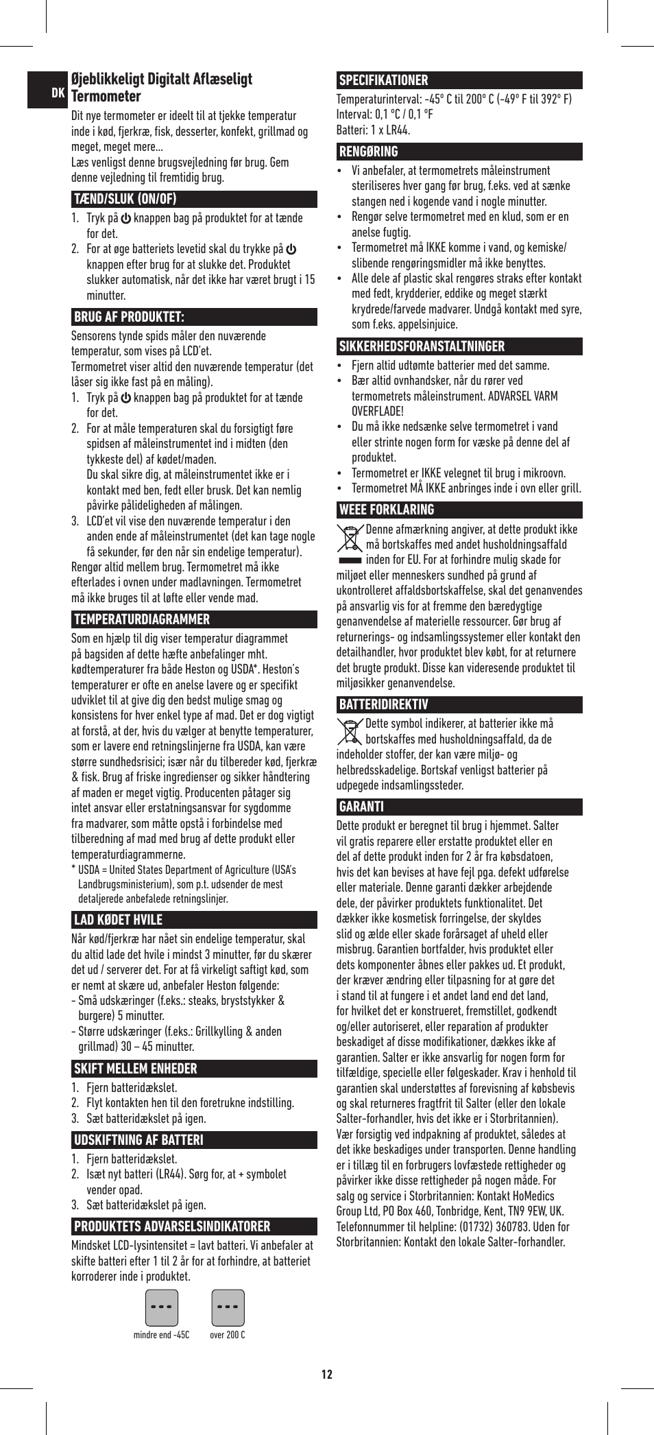 Øjeblikkeligt digitalt aflæseligt termometer | Salter 544 HBSSCR Heston Blumenthal Precision Instant Read Digital Thermometer User Manual | Page 12 / 20