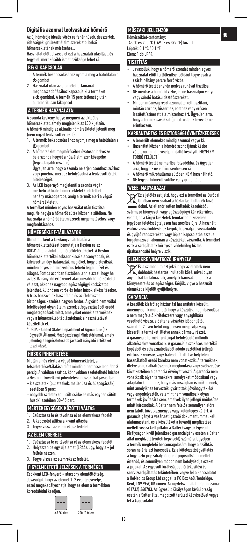 Digitális azonnal leolvasható hőmérő | Salter 544 HBSSCR Heston Blumenthal Precision Instant Read Digital Thermometer User Manual | Page 13 / 20