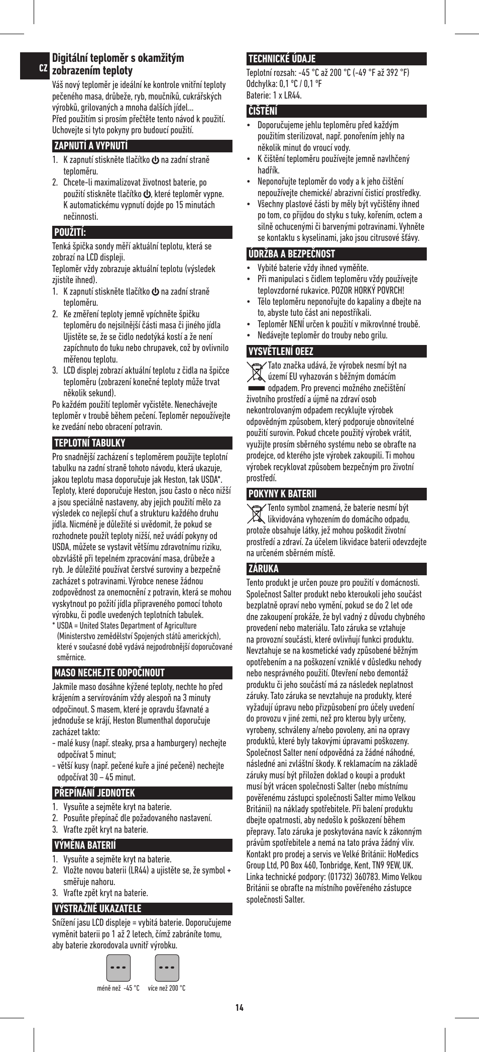 Digitální teploměr s okamžitým zobrazením teploty | Salter 544 HBSSCR Heston Blumenthal Precision Instant Read Digital Thermometer User Manual | Page 14 / 20