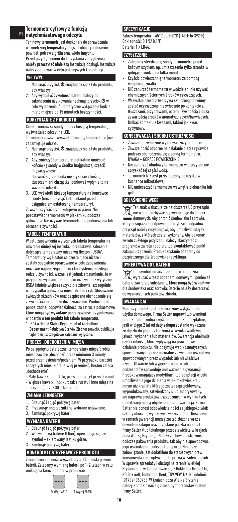 Salter 544 HBSSCR Heston Blumenthal Precision Instant Read Digital Thermometer User Manual | Page 18 / 20
