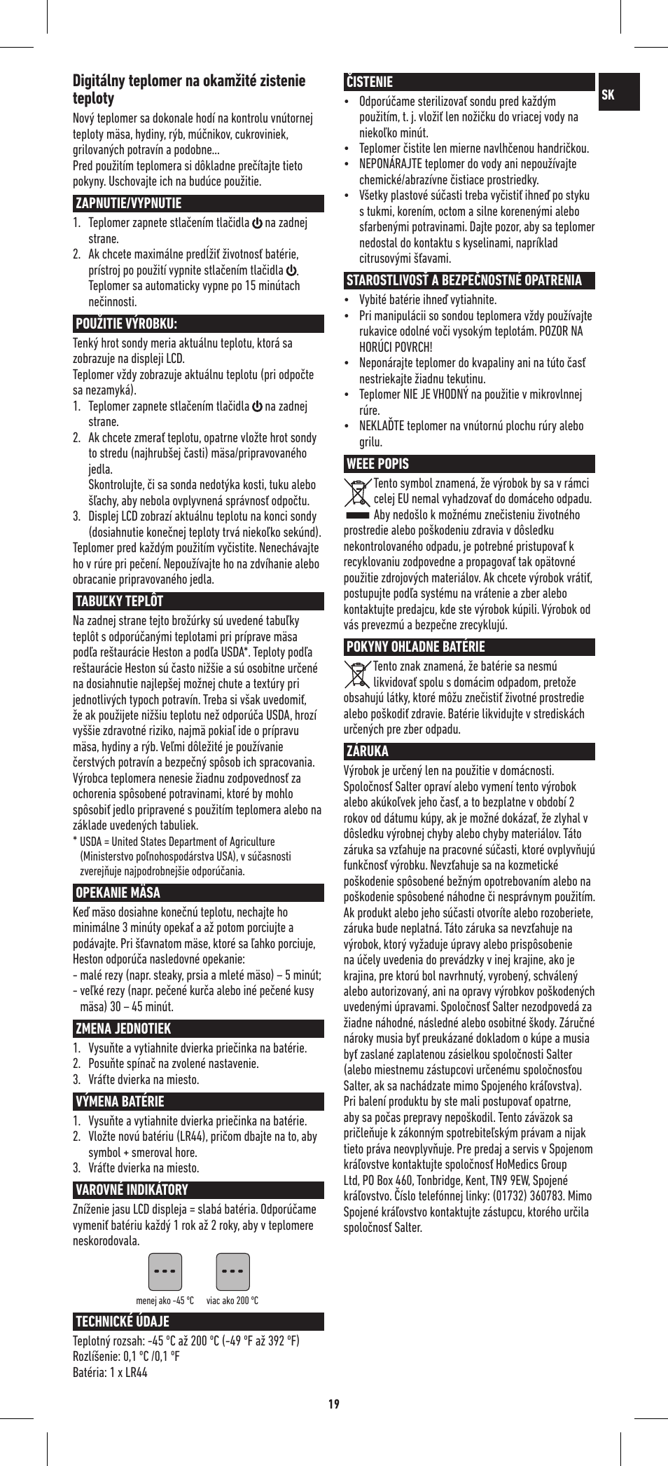 Digitálny teplomer na okamžité zistenie teploty | Salter 544 HBSSCR Heston Blumenthal Precision Instant Read Digital Thermometer User Manual | Page 19 / 20
