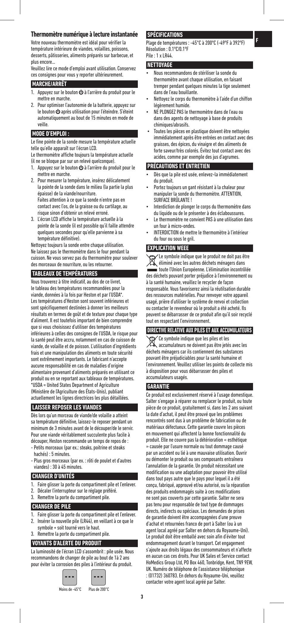 Thermomètre numérique à lecture instantanée | Salter 544 HBSSCR Heston Blumenthal Precision Instant Read Digital Thermometer User Manual | Page 3 / 20