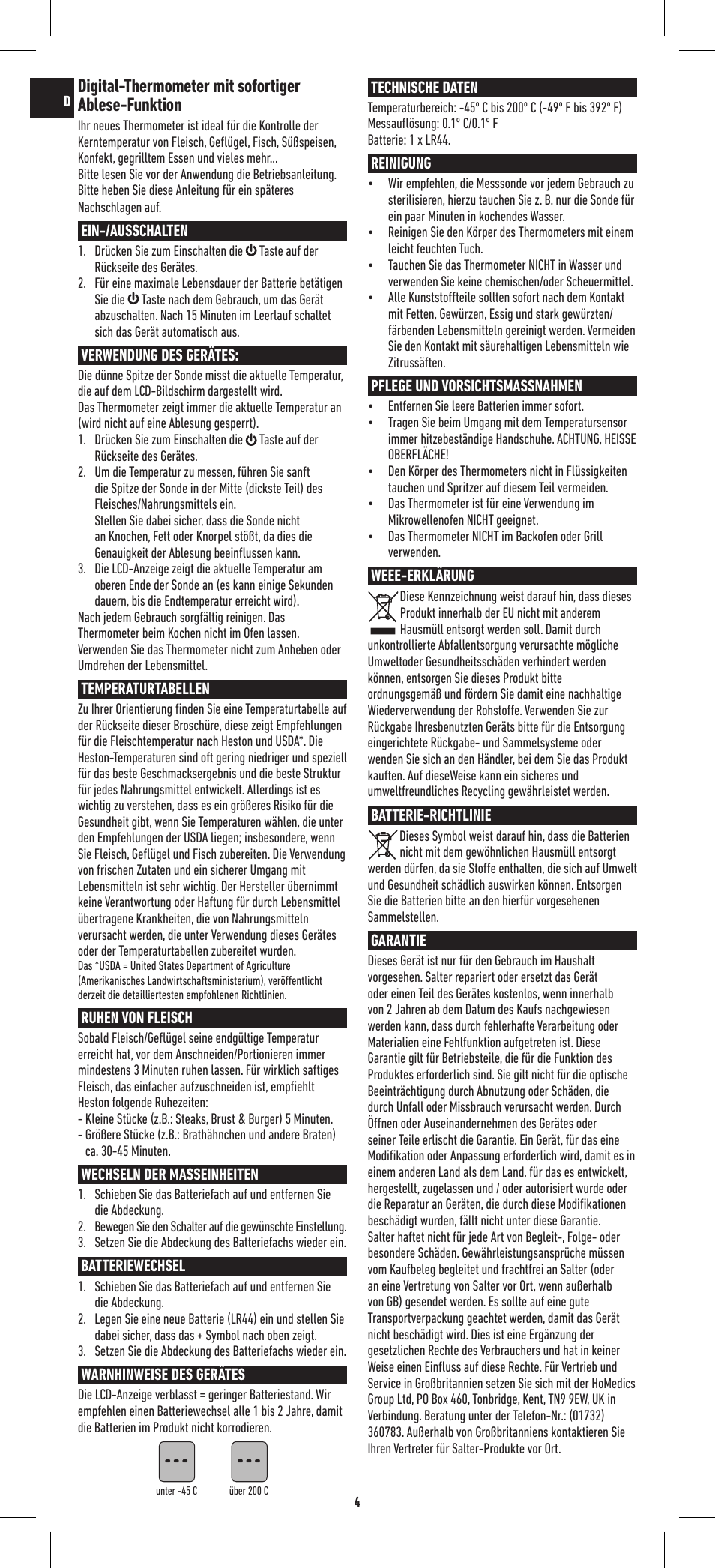 Digital-thermometer mit sofortiger ablese-funktion | Salter 544 HBSSCR Heston Blumenthal Precision Instant Read Digital Thermometer User Manual | Page 4 / 20